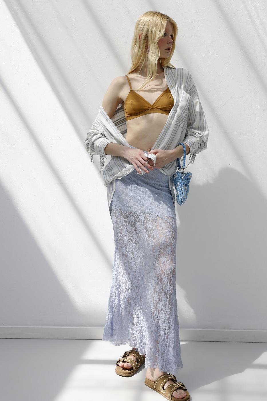 Flounced Lace Midi Skirt L.blue