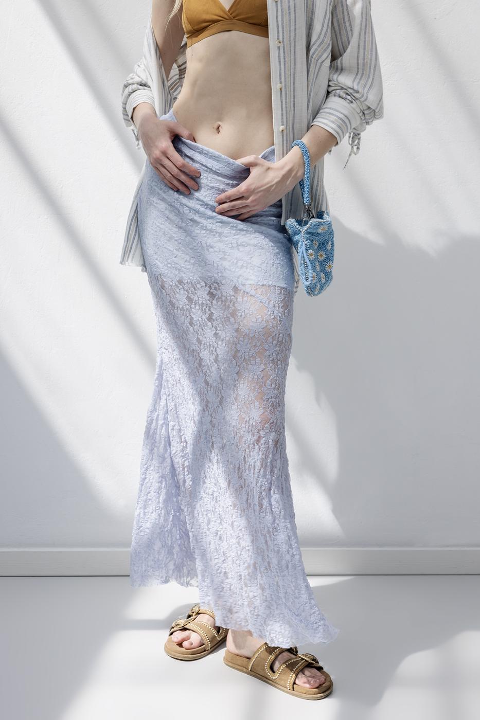 Flounced Lace Midi Skirt L.blue