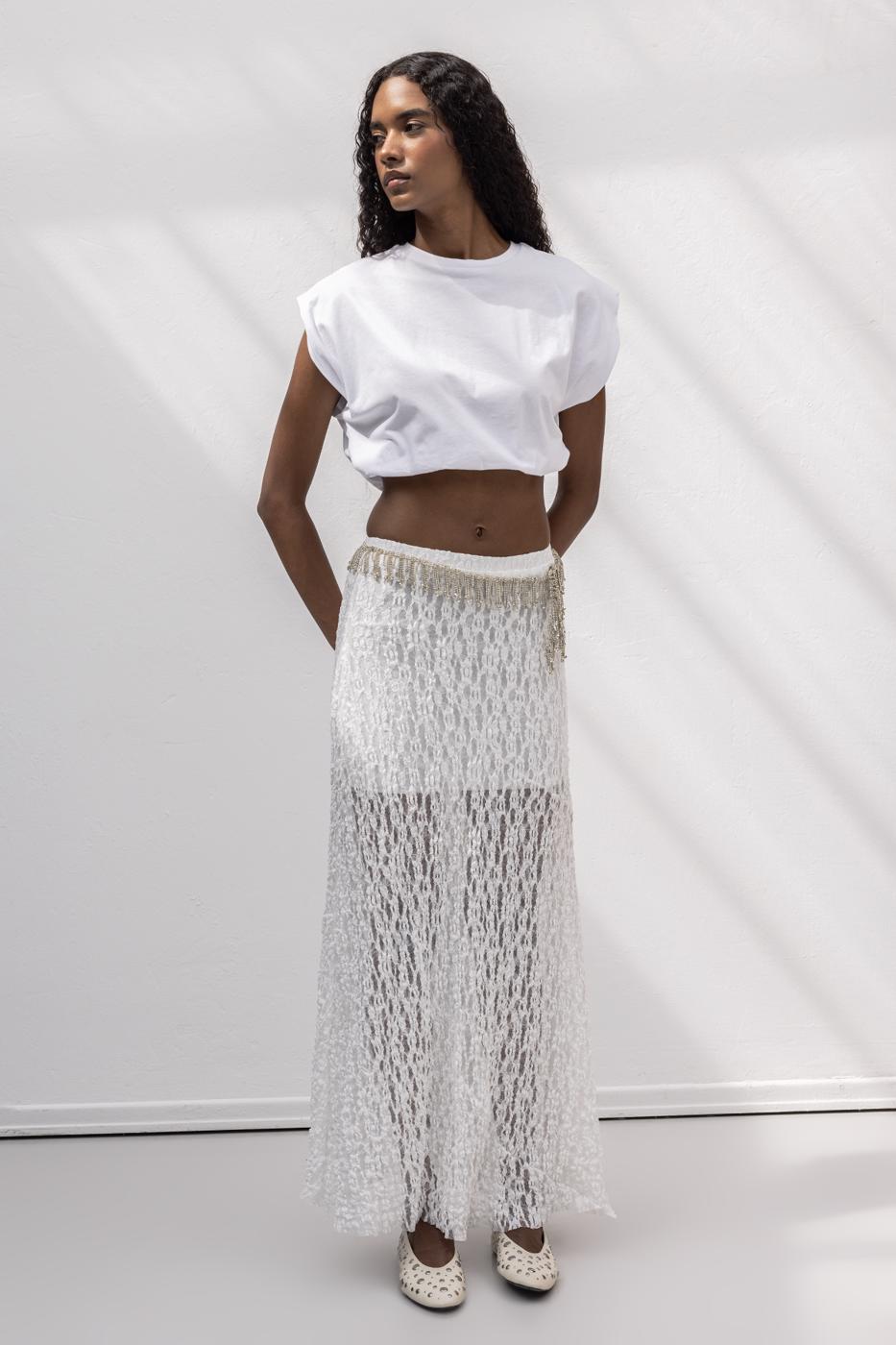 Flounced Lace Midi Skirt White