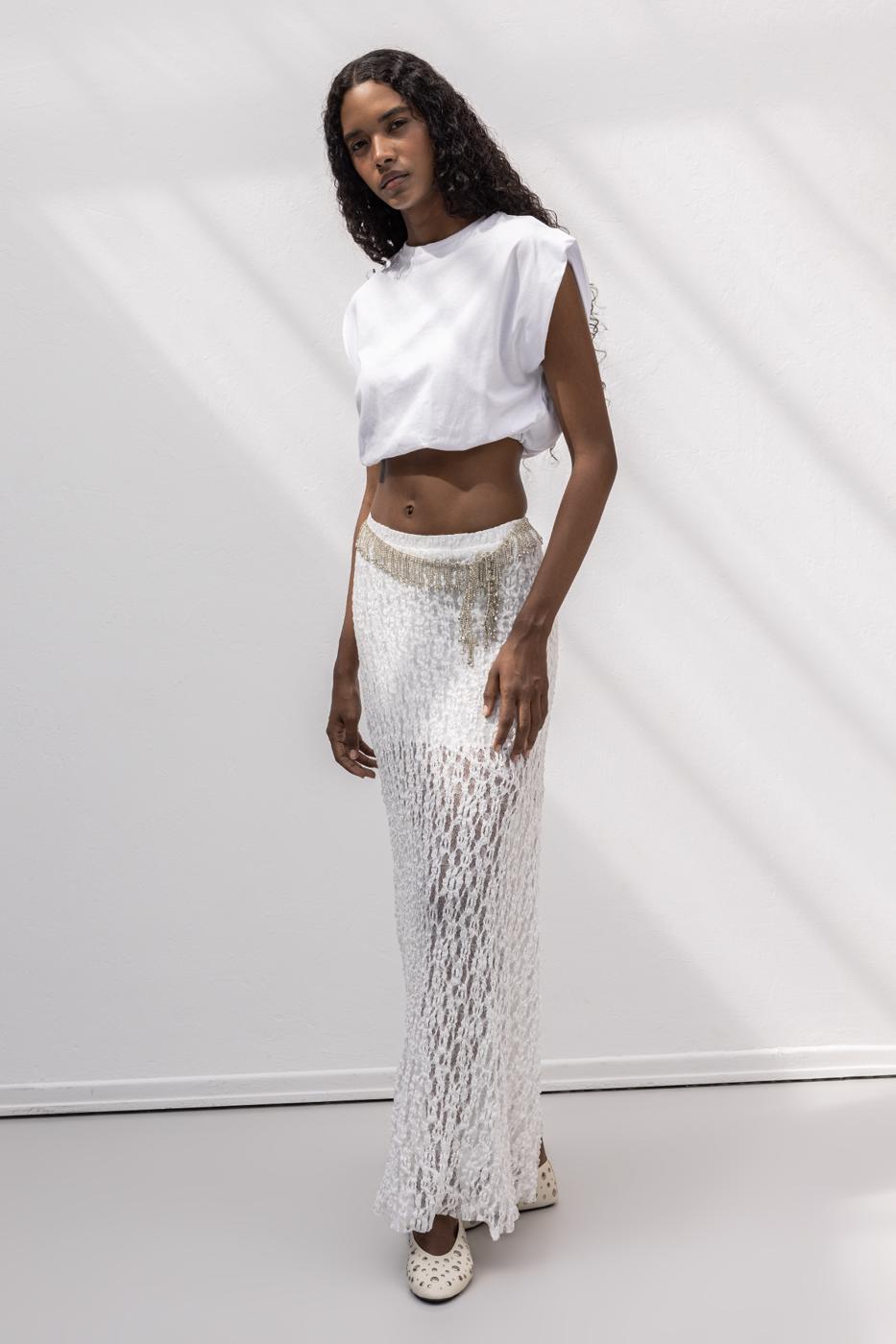 Flounced Lace Midi Skirt White