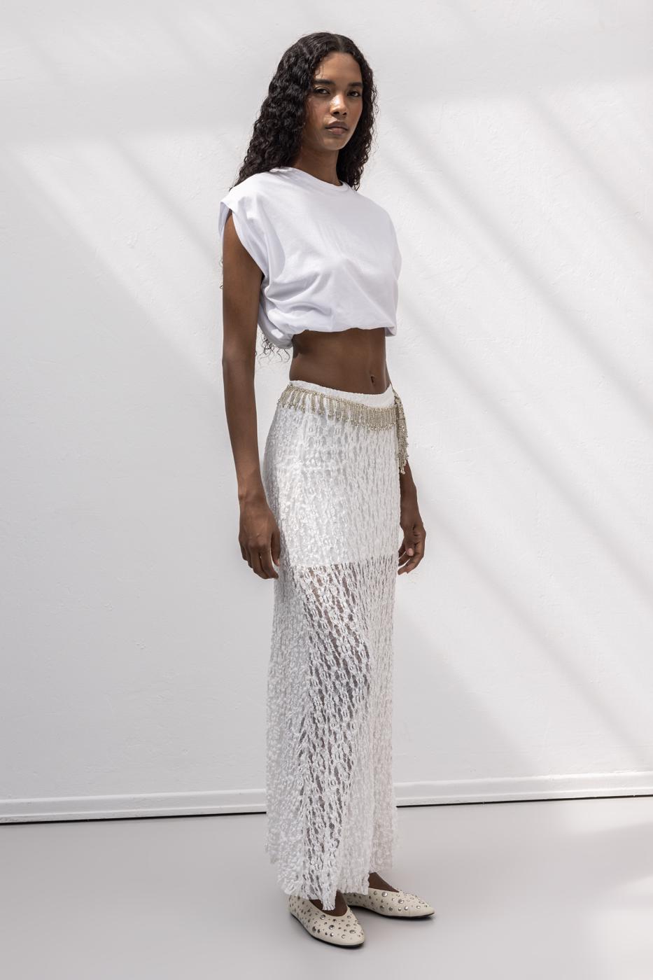 Flounced Lace Midi Skirt White
