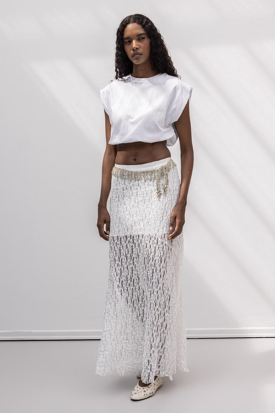 Flounced Lace Midi Skirt White