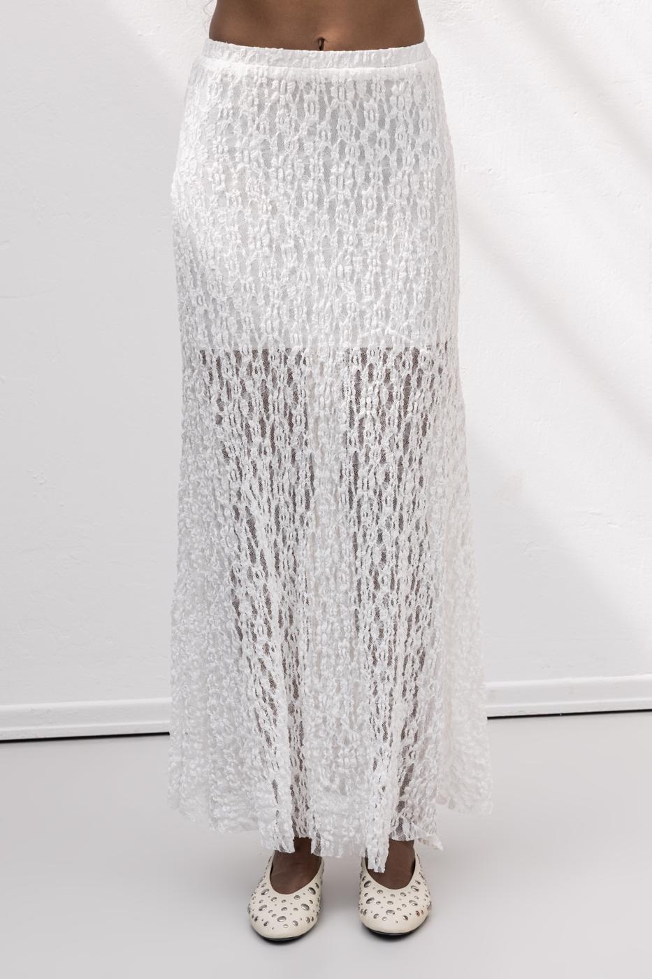 Flounced Lace Midi Skirt White