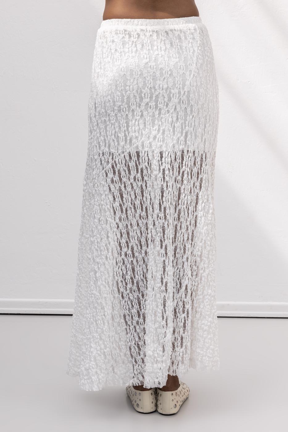 Flounced Lace Midi Skirt White