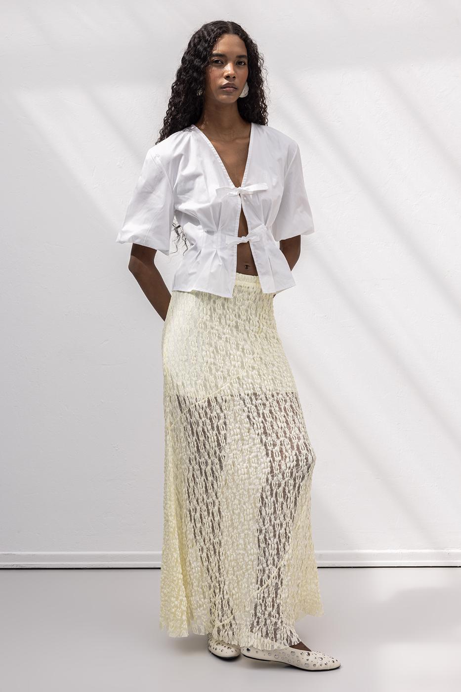 Flounced Lace Midi Skirt Yellow