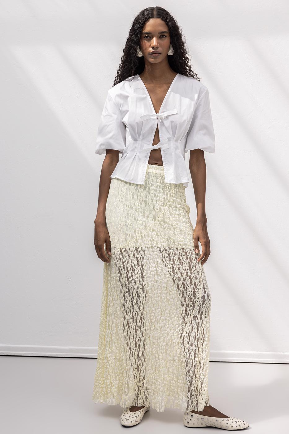 Flounced Lace Midi Skirt Yellow