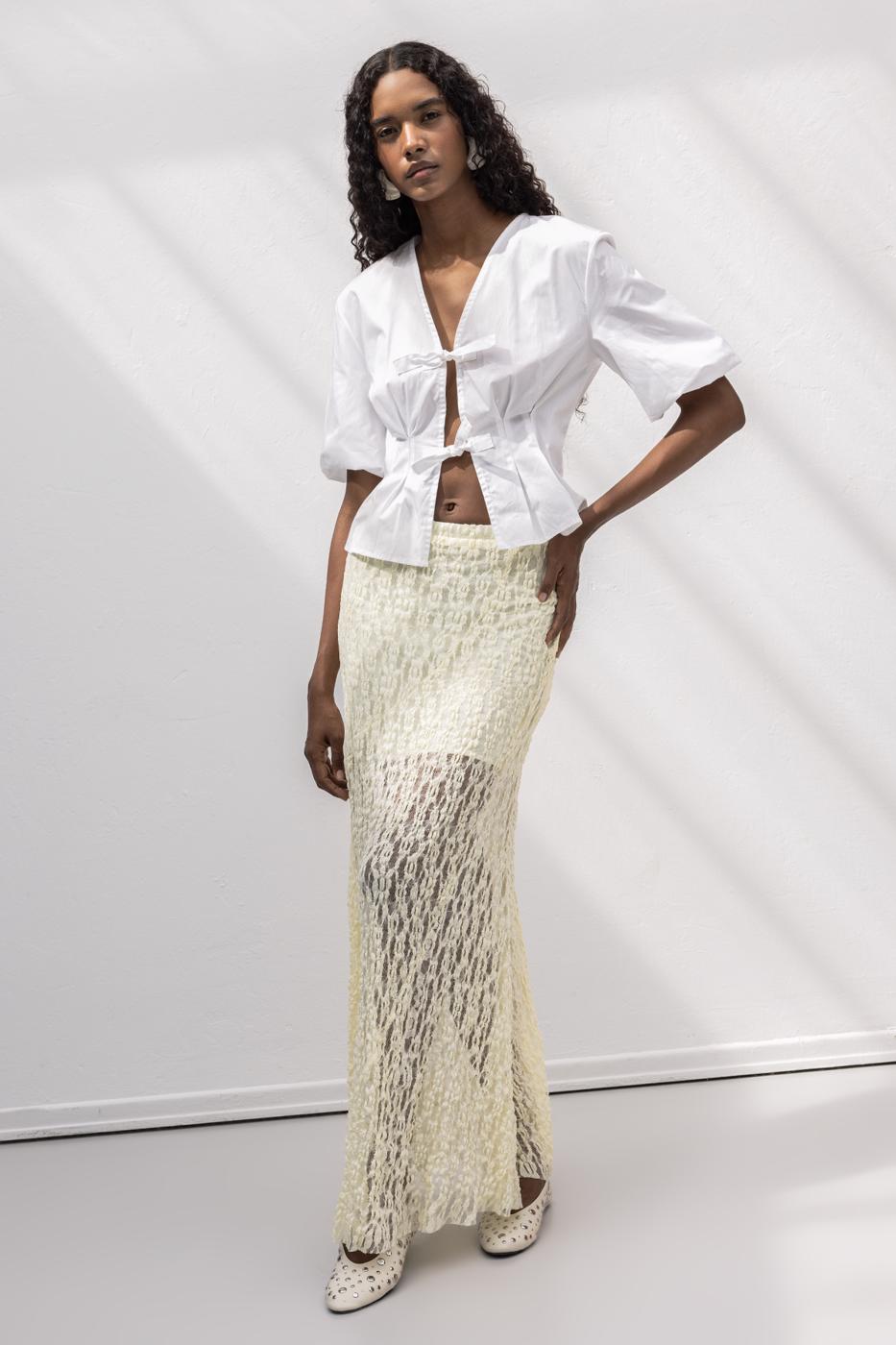 Flounced Lace Midi Skirt Yellow