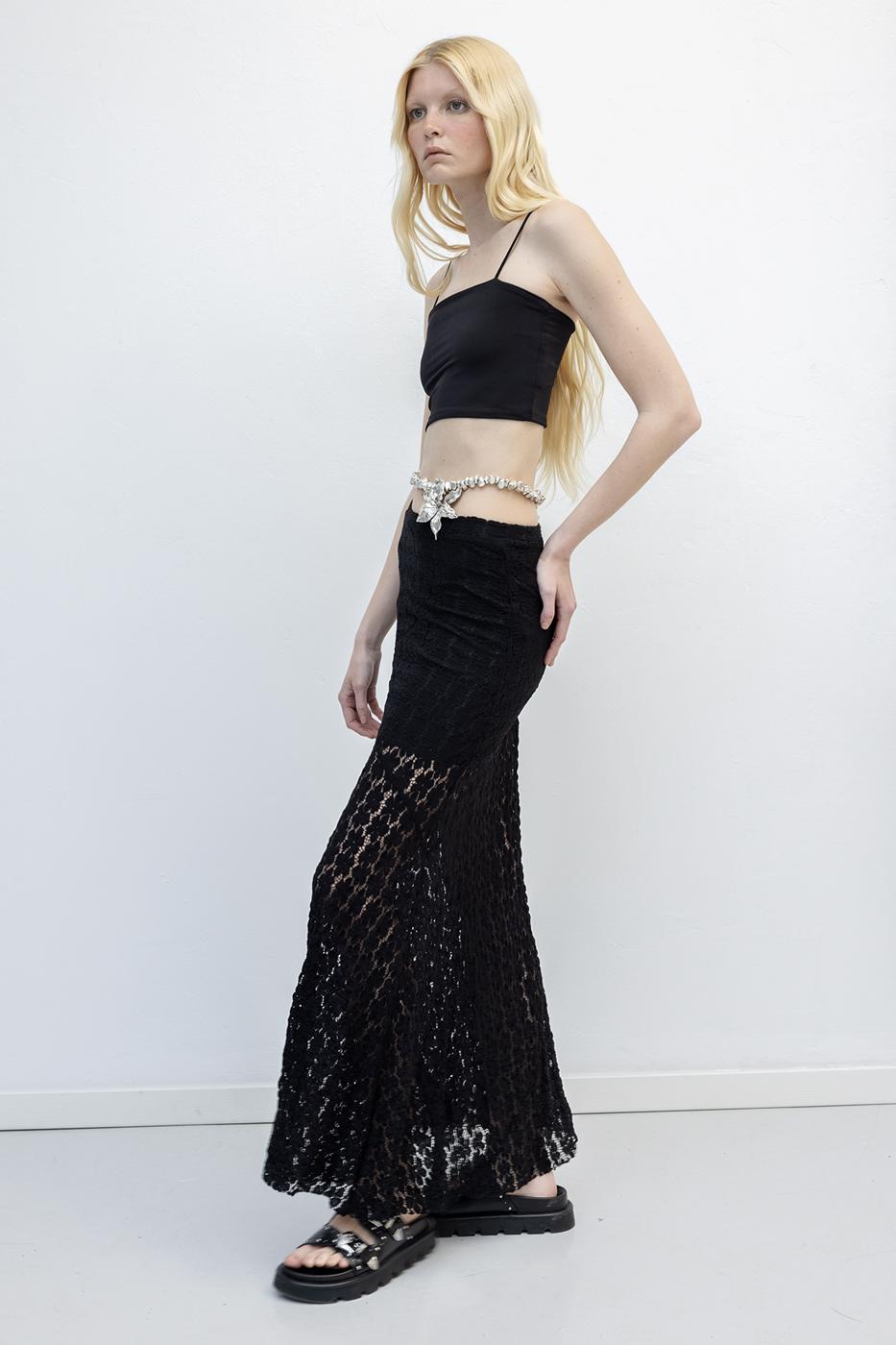 Flounced Lace Midi Skirt Black
