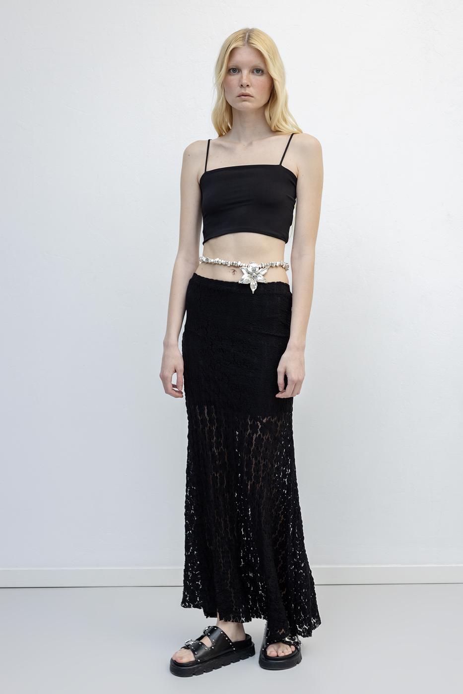 Flounced Lace Midi Skirt Black