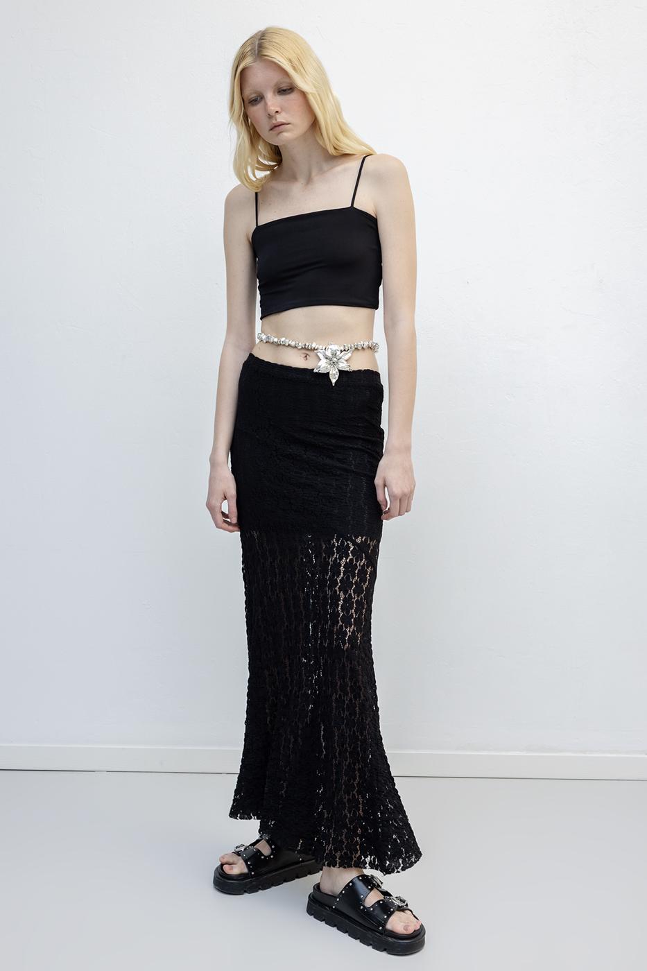 Flounced Lace Midi Skirt Black