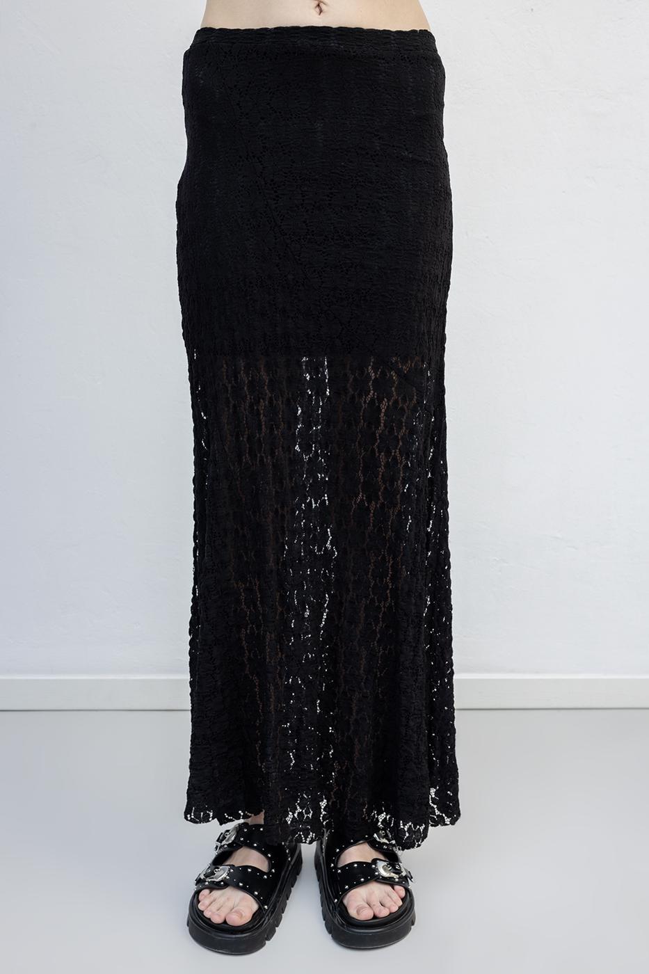 Flounced Lace Midi Skirt Black