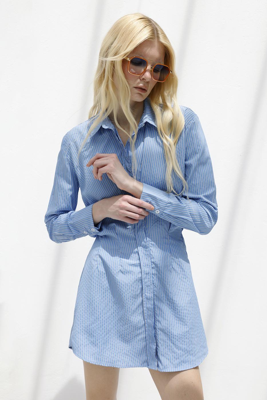 Shirt Dress with Flounce Skirt Detail Blue