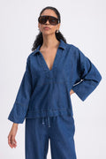 Collar Detailed Denim Blouse Navy