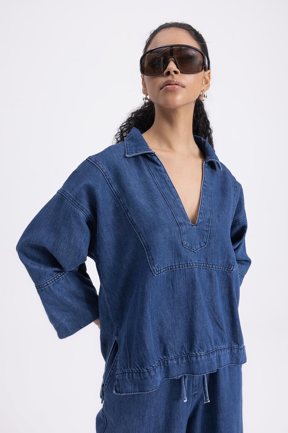 Collar Detailed Denim Blouse Navy