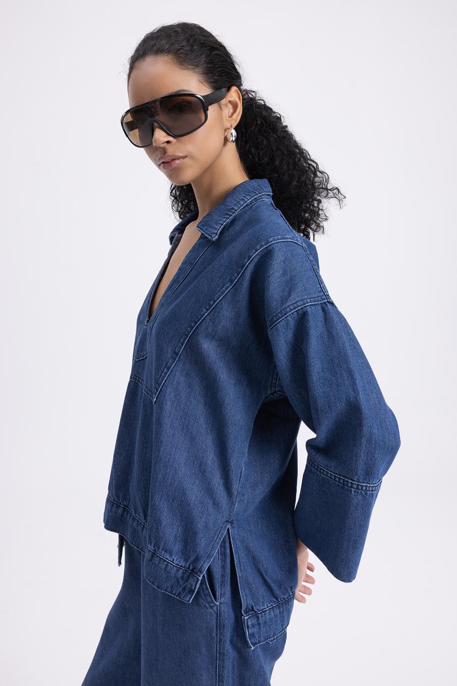 Collar Detailed Denim Blouse Navy