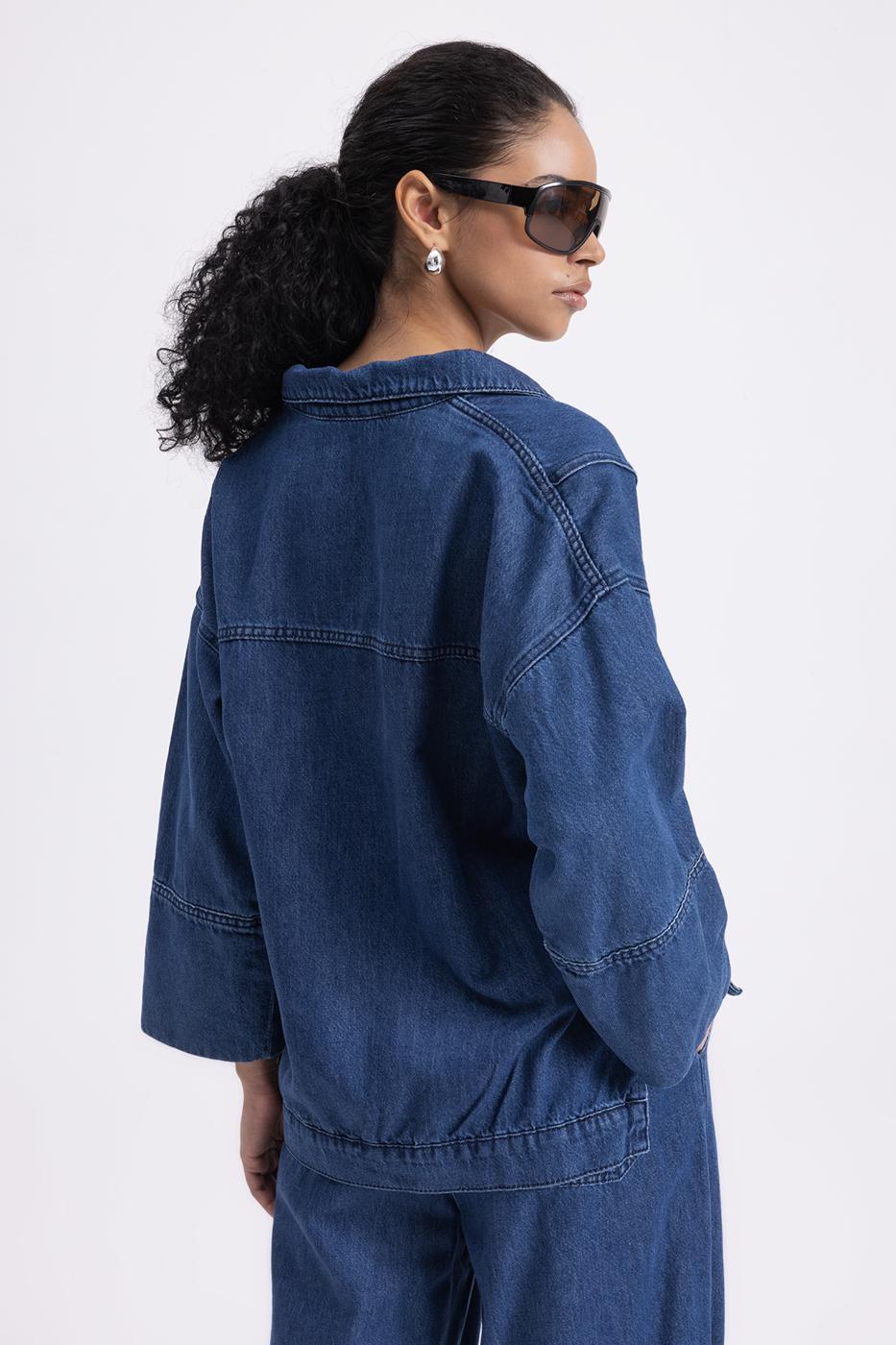 Collar Detailed Denim Blouse Navy