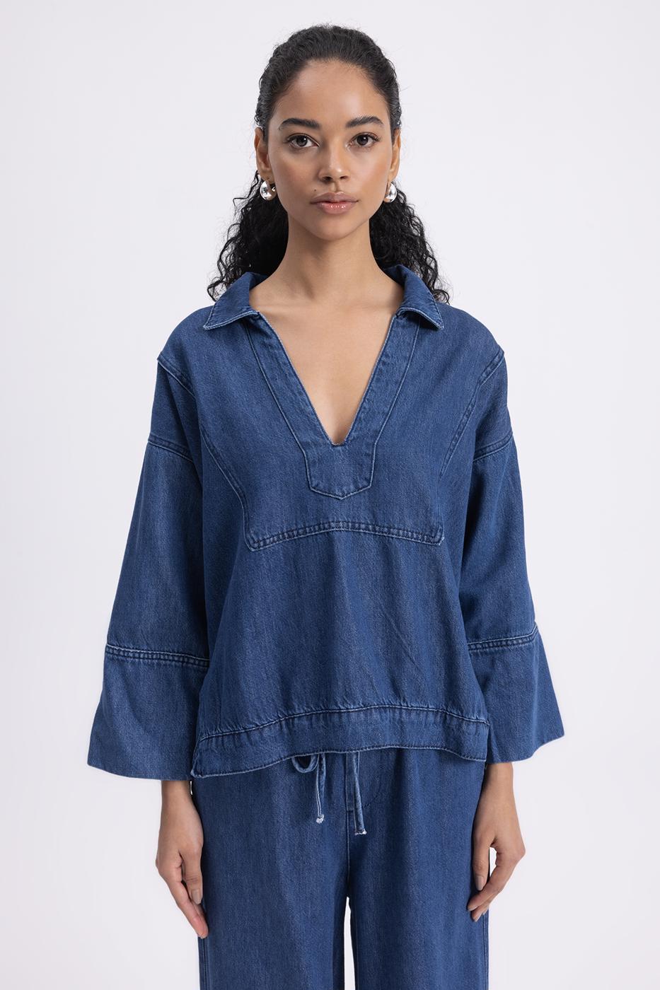 Collar Detailed Denim Blouse Navy