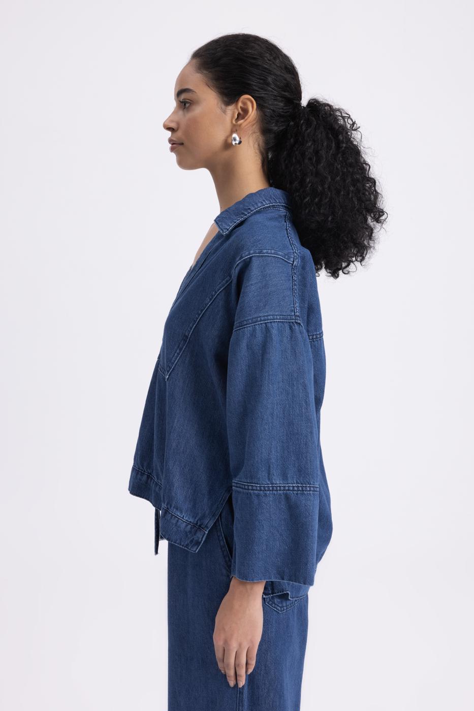 Collar Detailed Denim Blouse Navy