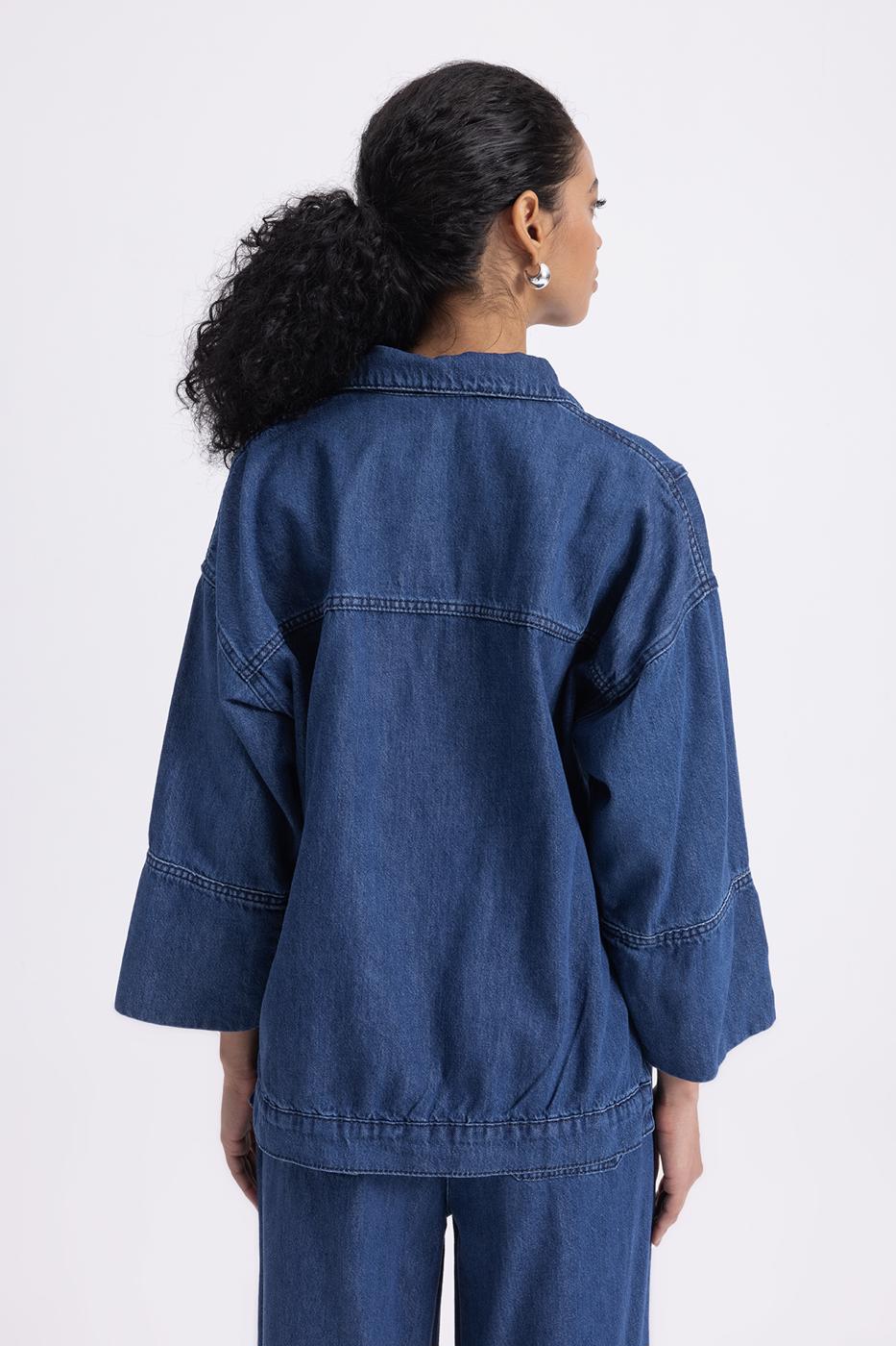 Collar Detailed Denim Blouse Navy