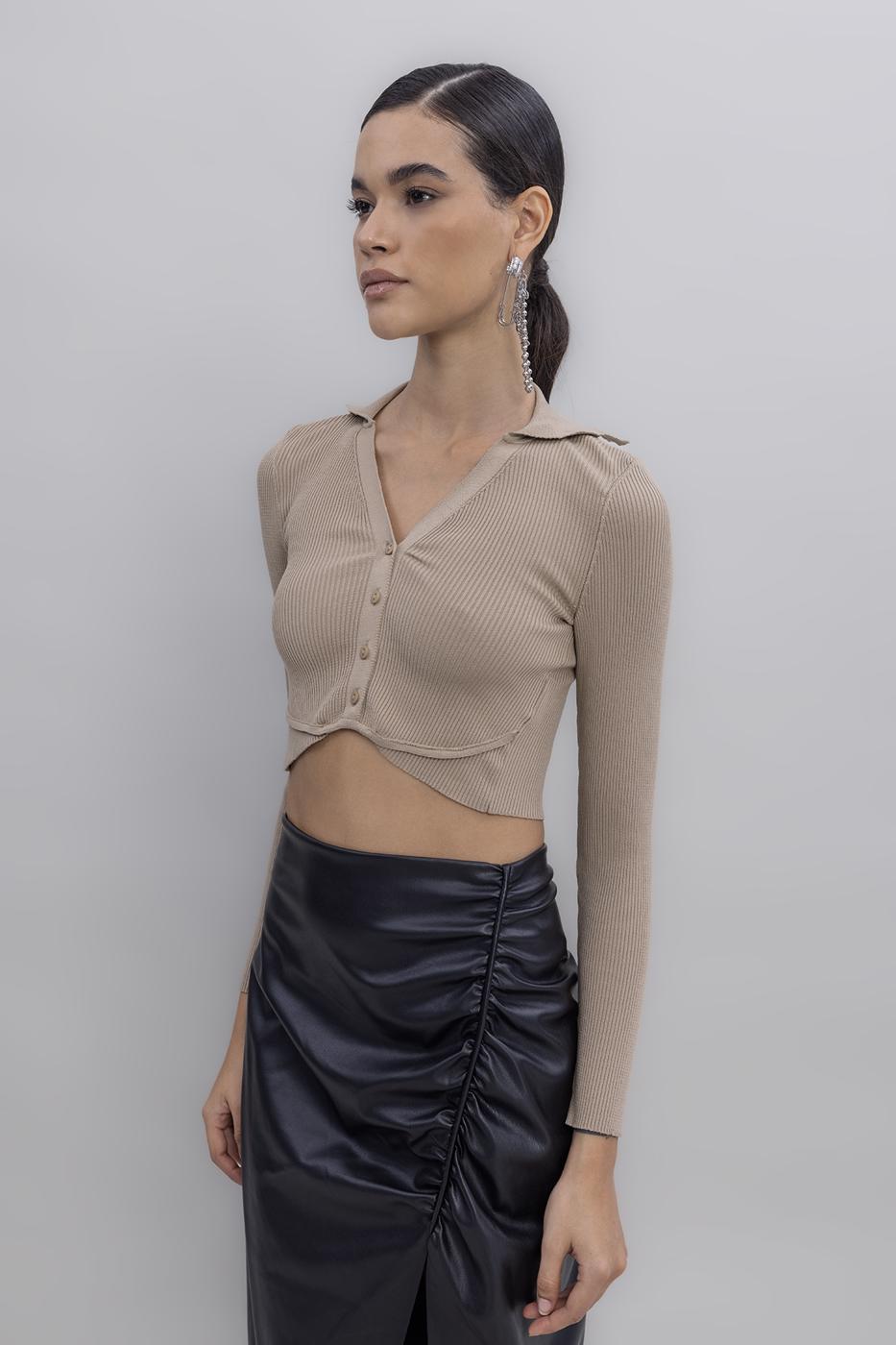 Collared Crop Top Beige
