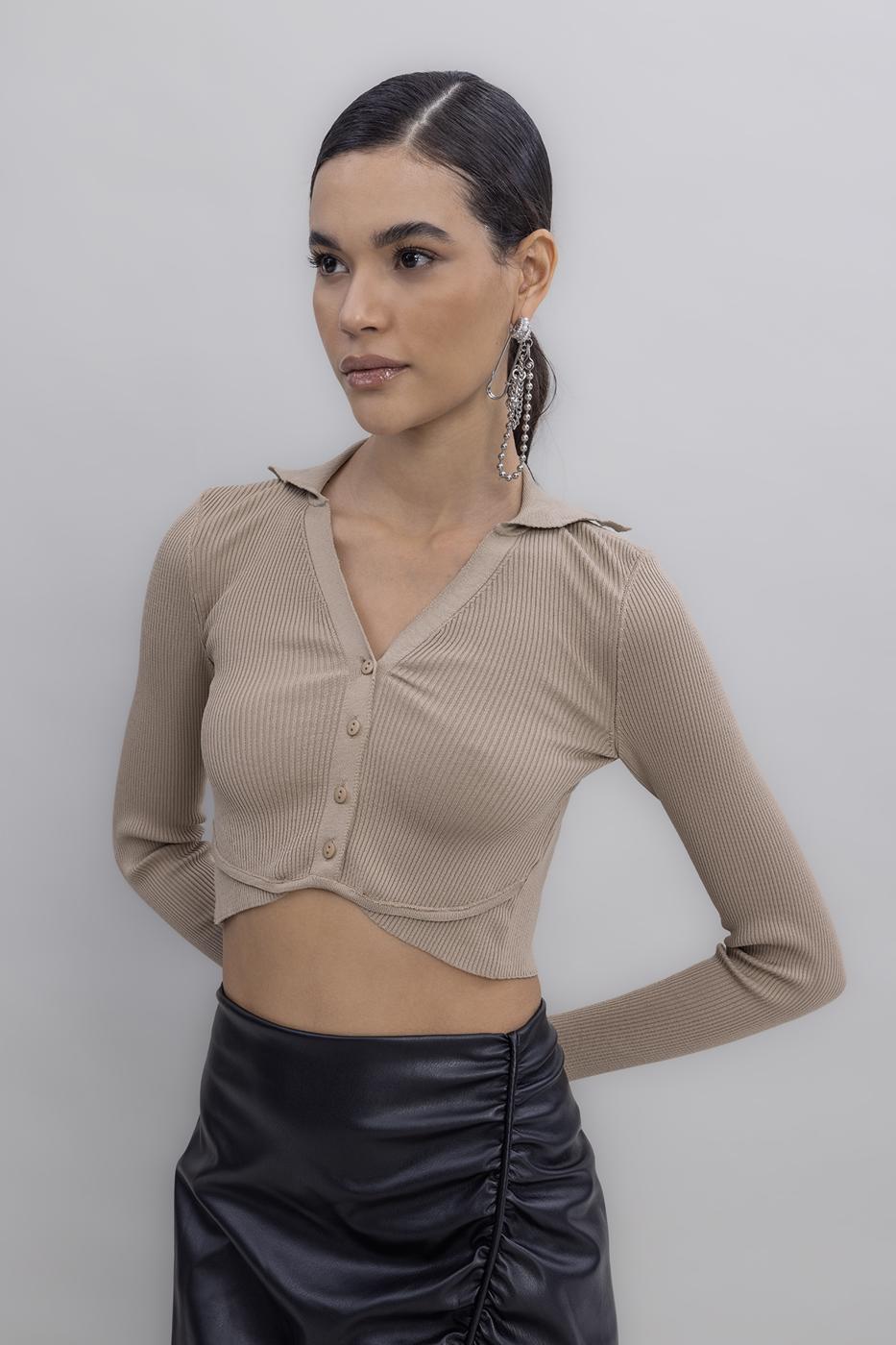 Collared Crop Top Beige