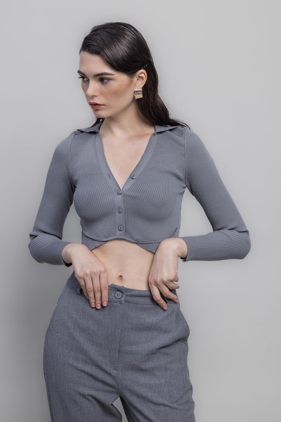Collared Crop Top Grey