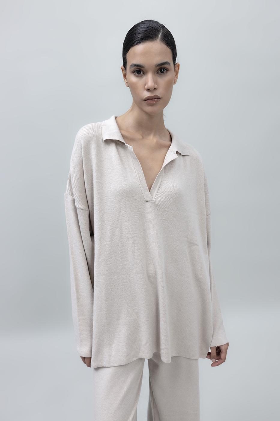 Shirt Collar Oversize Knit Pullover Beige
