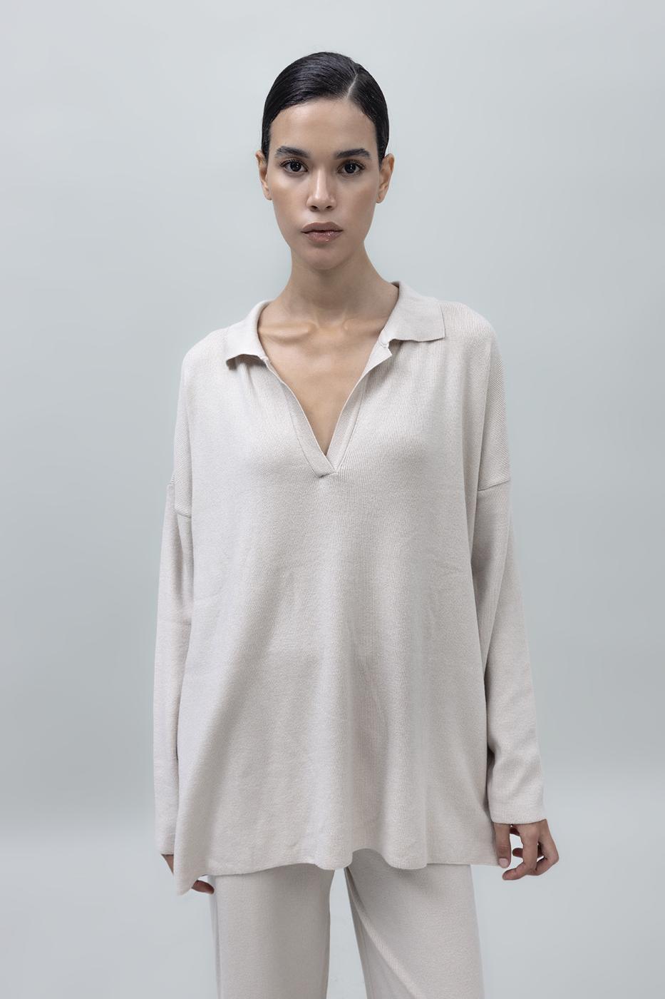 Shirt Collar Oversize Knit Pullover Beige