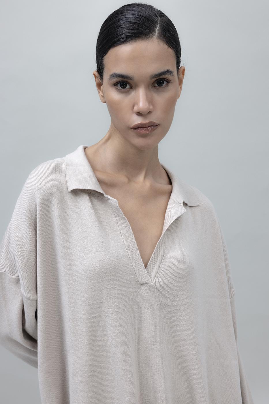 Shirt Collar Oversize Knit Pullover Beige
