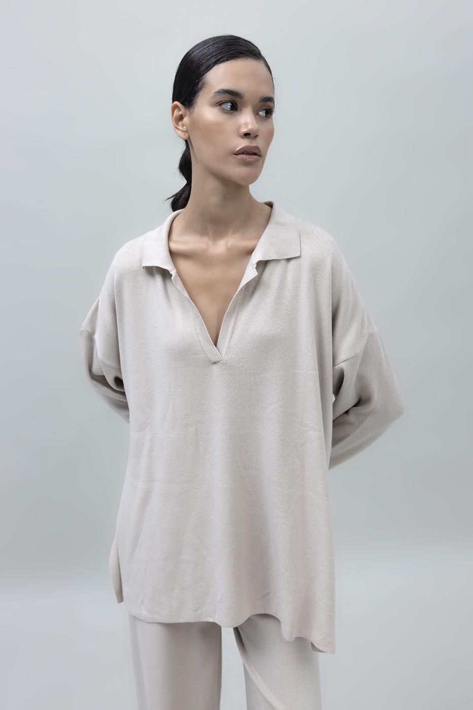 Shirt Collar Oversize Knit Pullover Beige