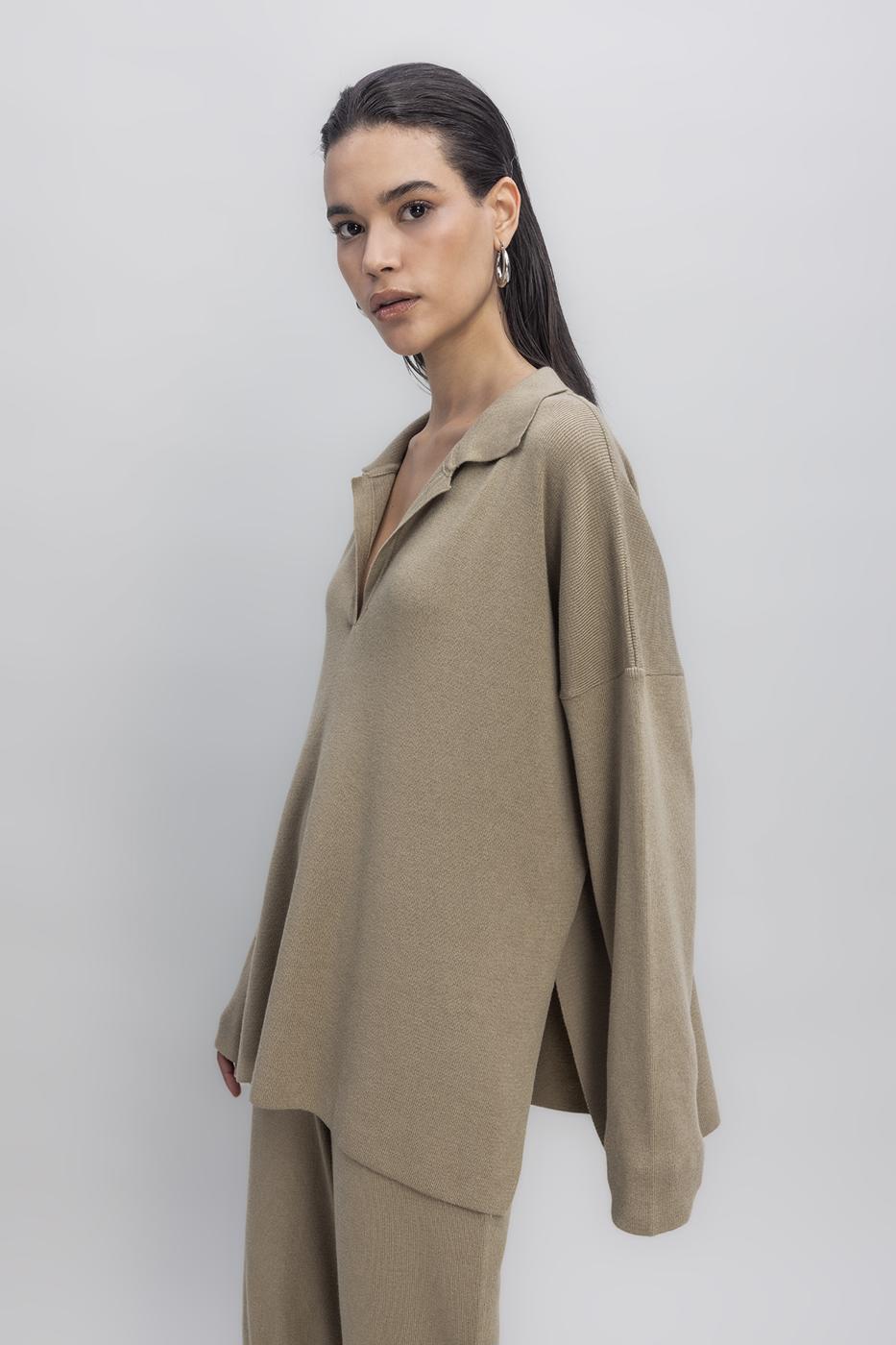 Shirt Collar Oversize Knit Pullover Khaki