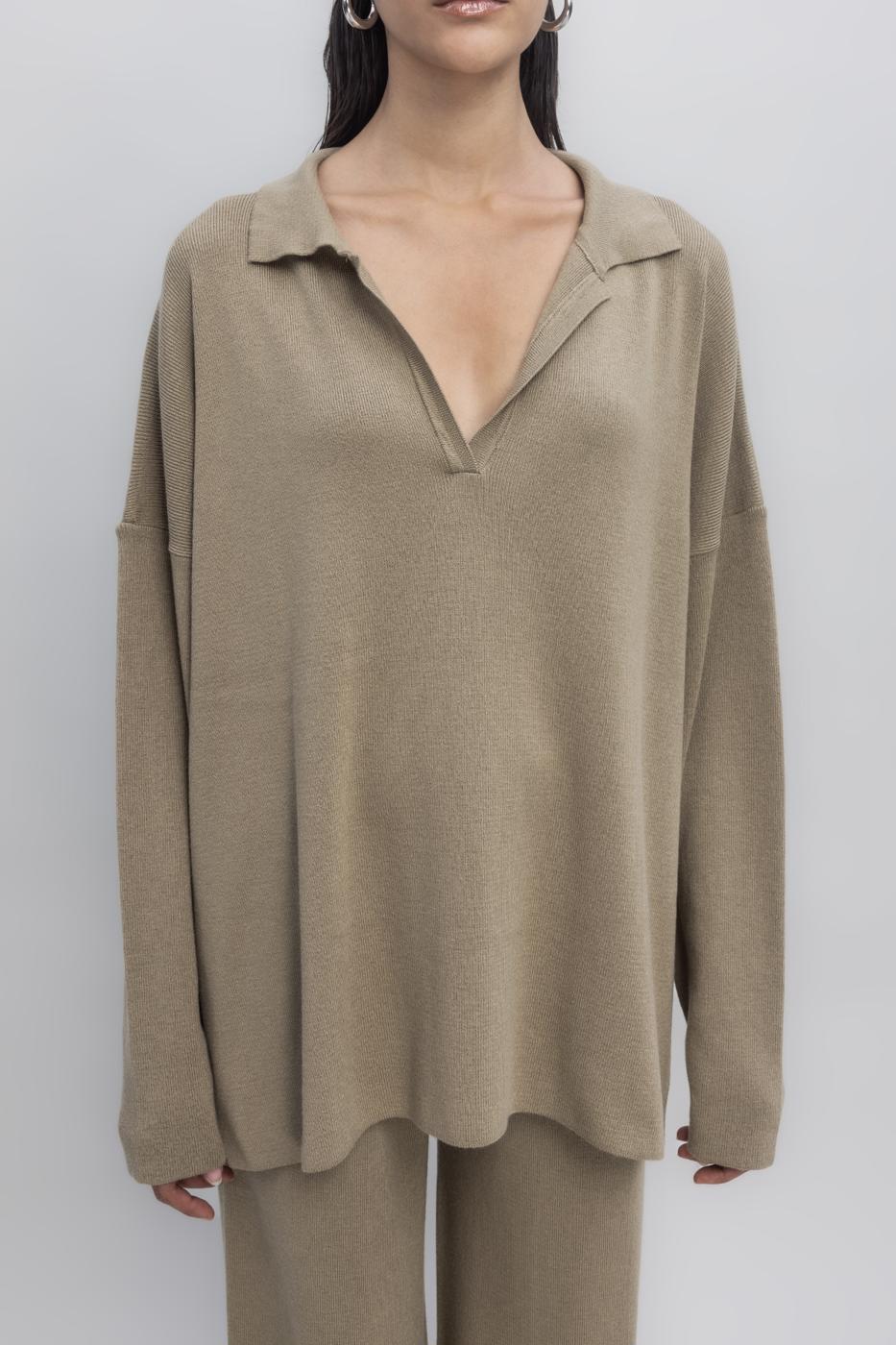 Shirt Collar Oversize Knit Pullover Khaki