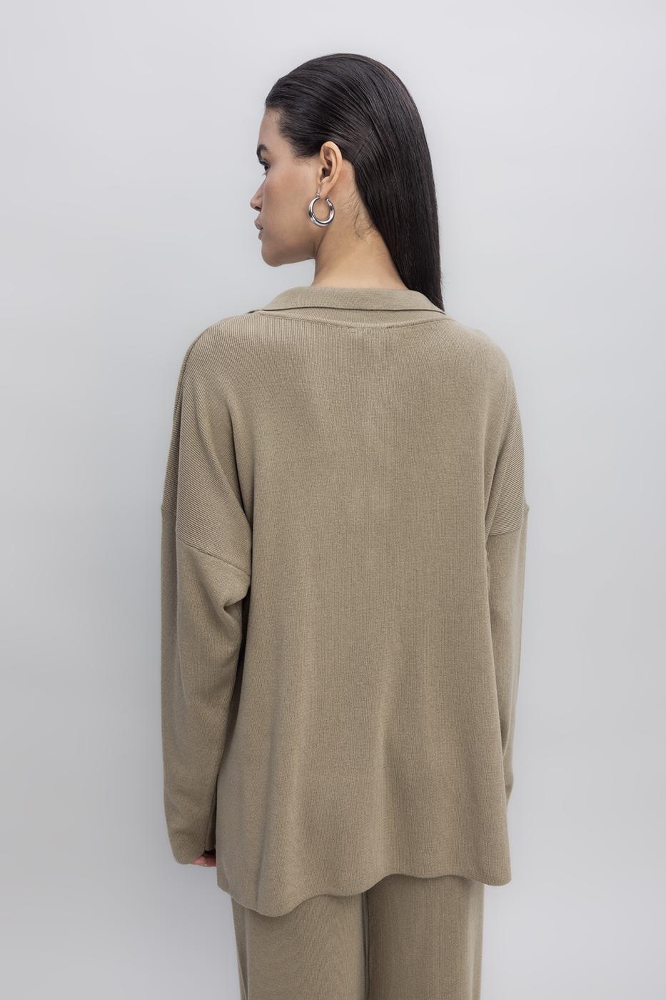 Shirt Collar Oversize Knit Pullover Khaki