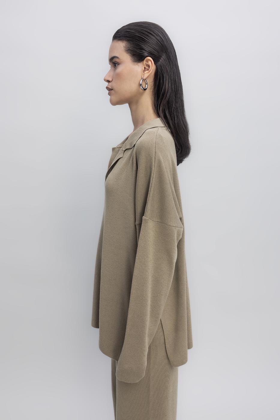Shirt Collar Oversize Knit Pullover Khaki