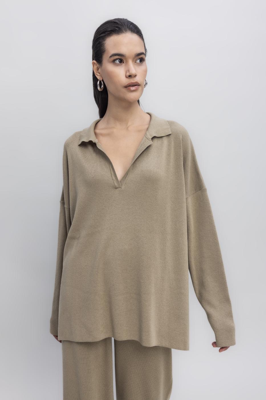 Shirt Collar Oversize Knit Pullover Khaki