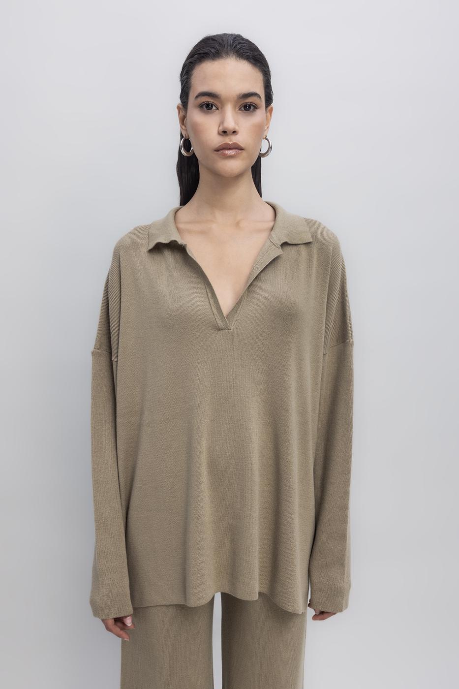 Shirt Collar Oversize Knit Pullover Khaki