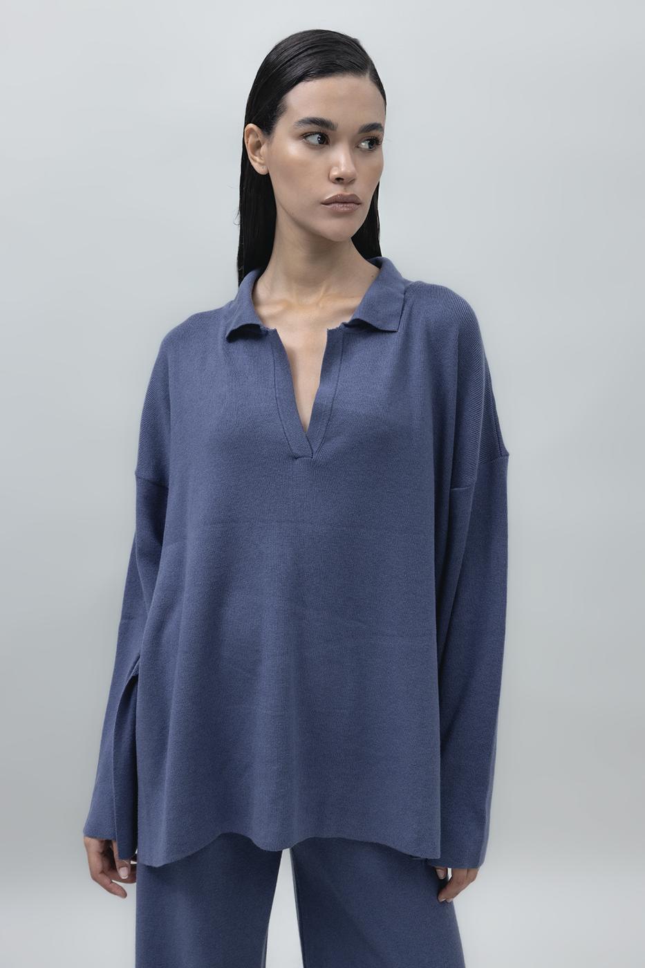 Shirt Collar Oversize Knit Pullover İndigo