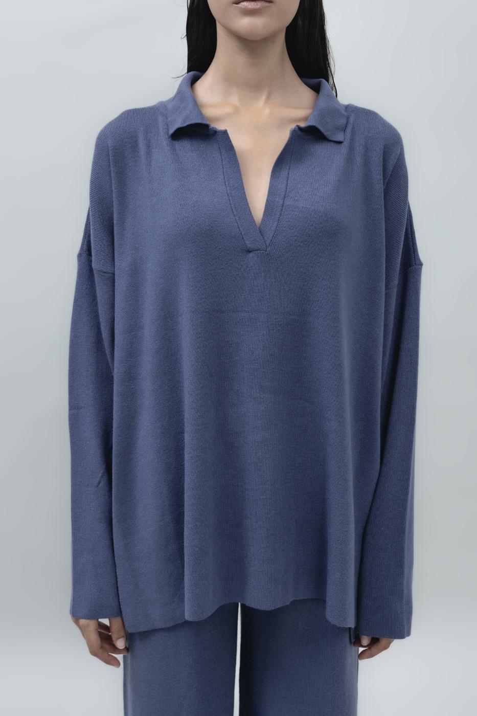 Shirt Collar Oversize Knit Pullover İndigo