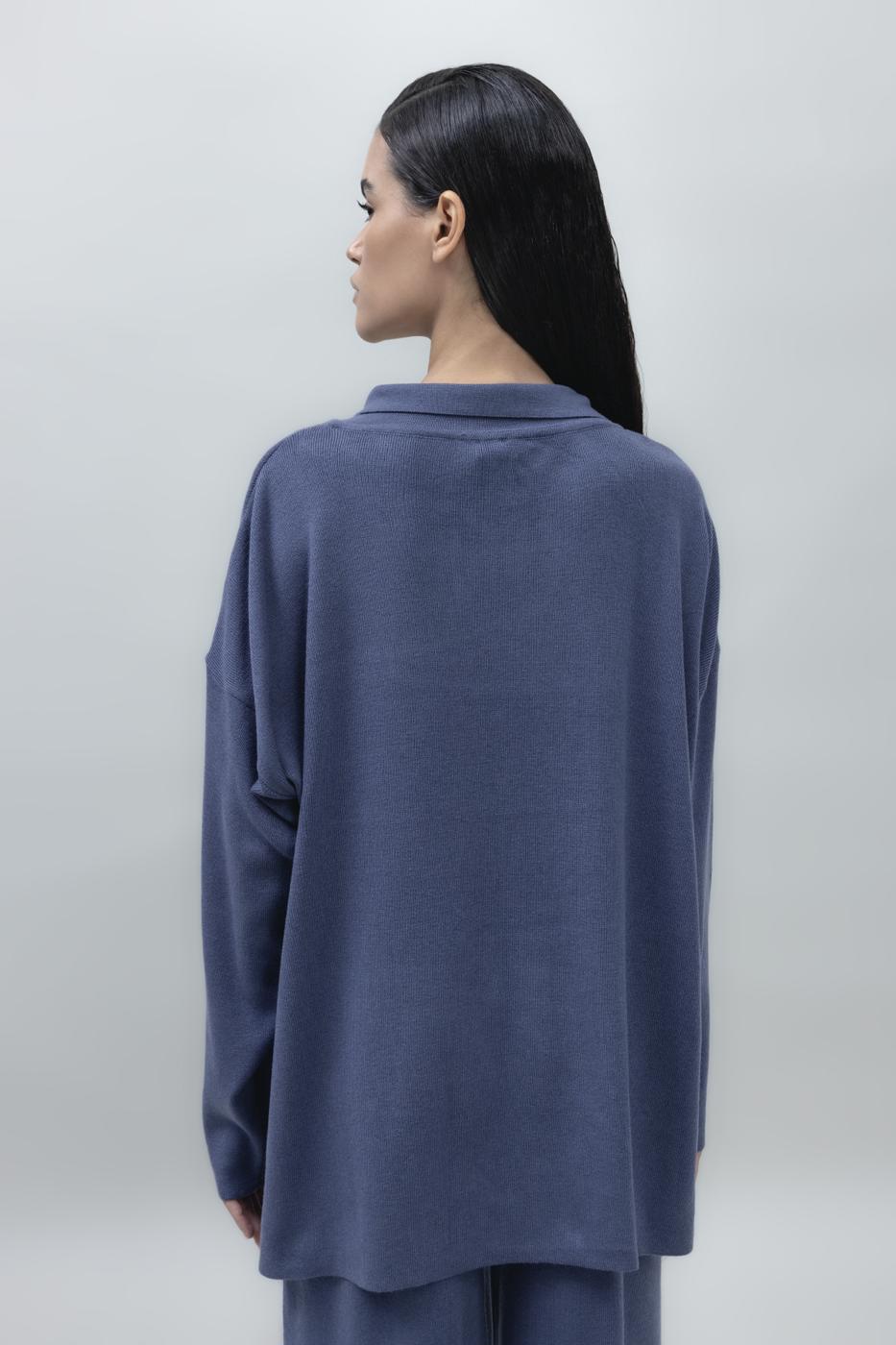Shirt Collar Oversize Knit Pullover İndigo