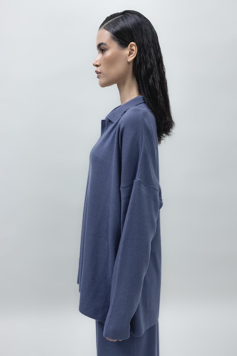 Shirt Collar Oversize Knit Pullover İndigo
