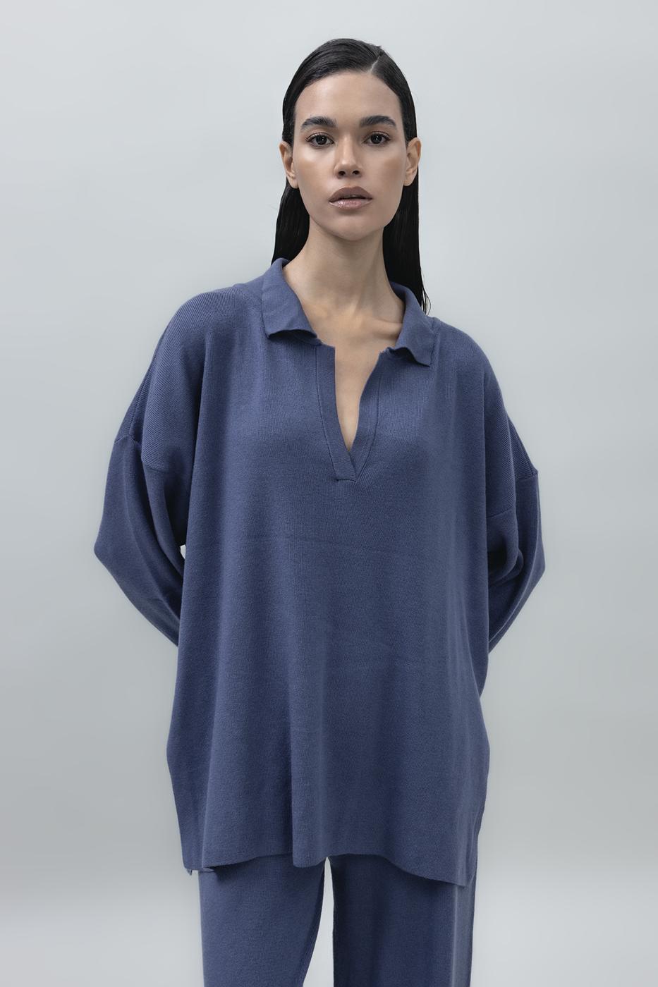 Shirt Collar Oversize Knit Pullover İndigo