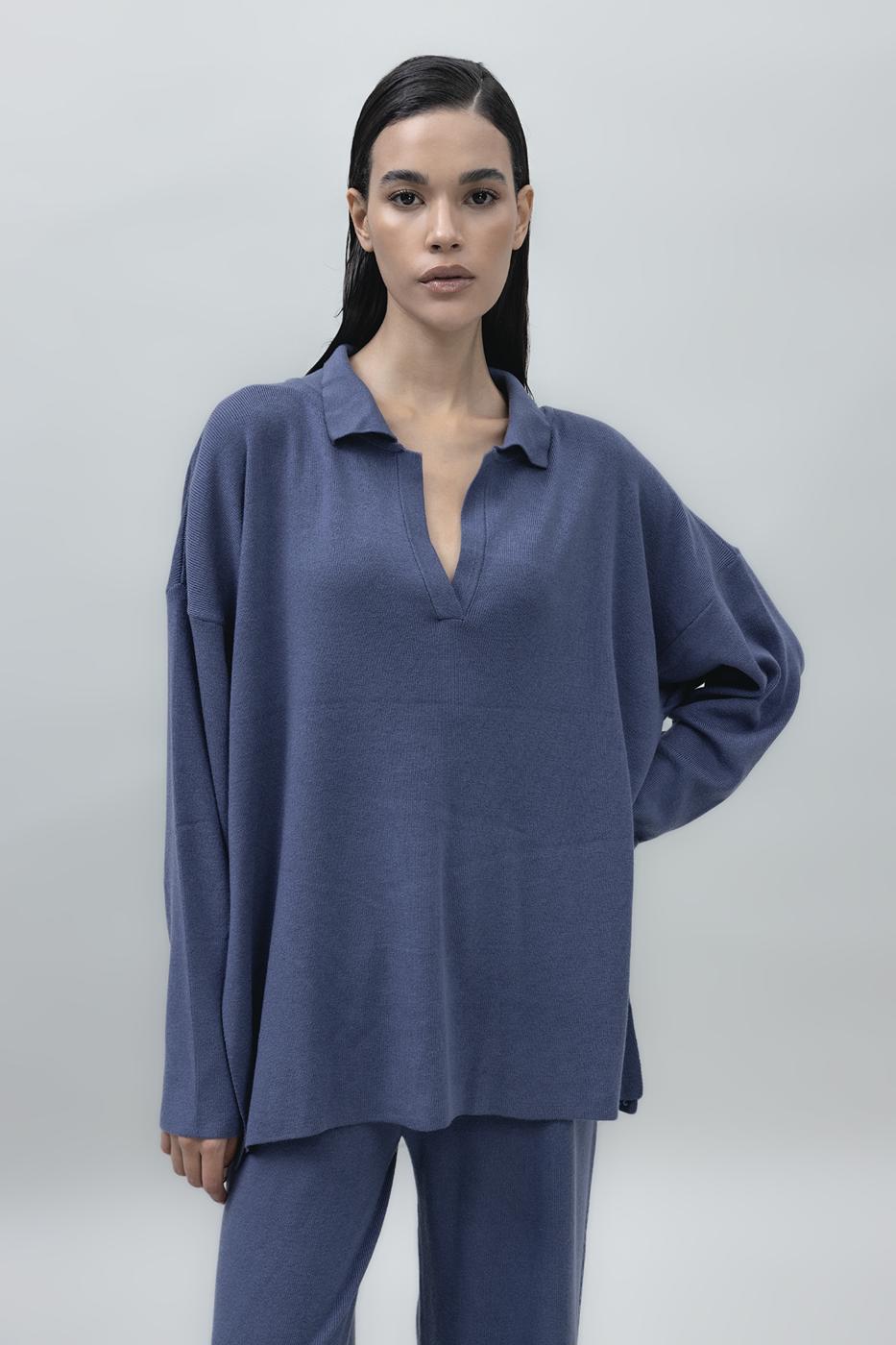 Shirt Collar Oversize Knit Pullover İndigo
