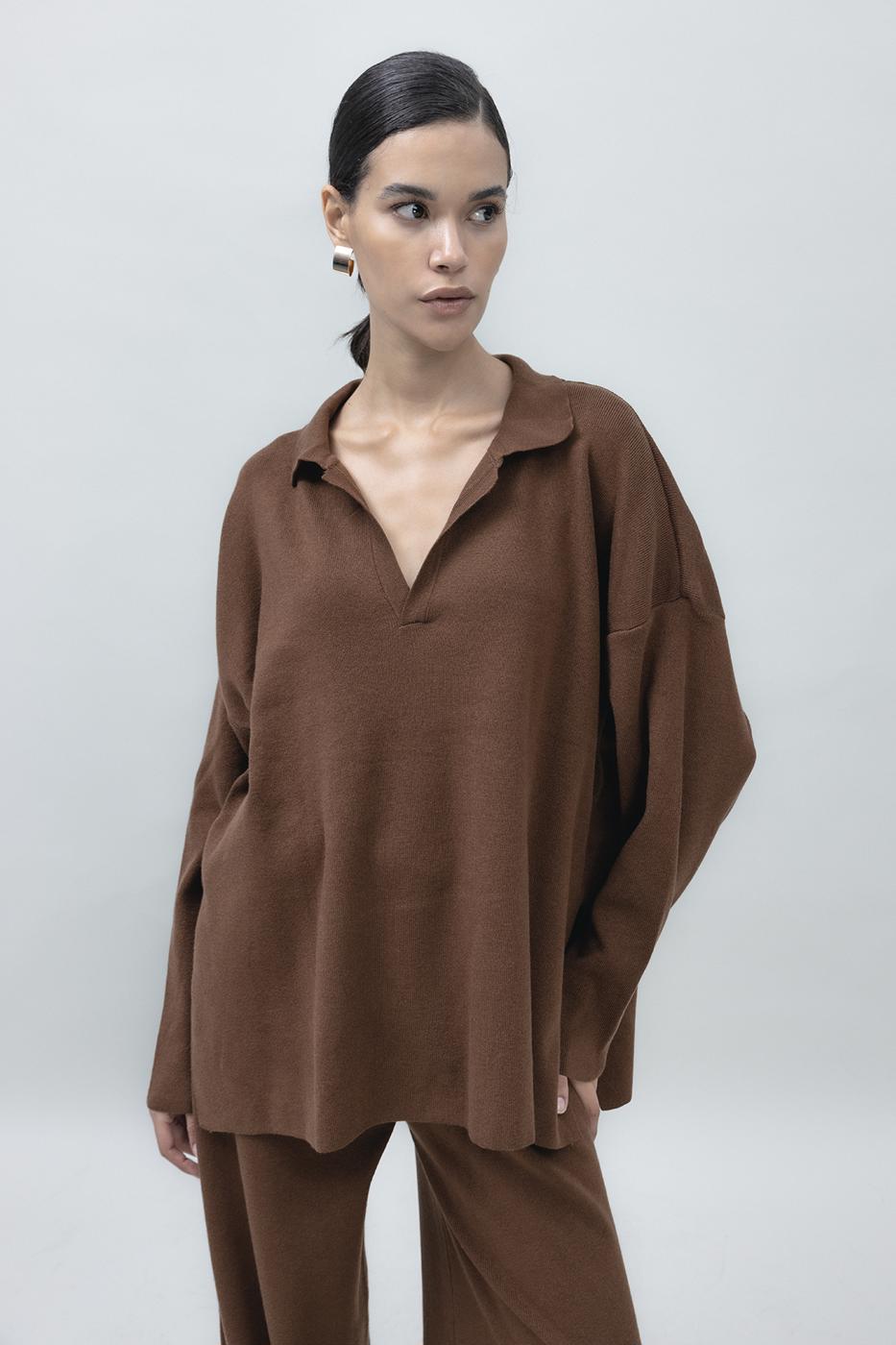 Shirt Collar Oversize Knit Pullover Brown