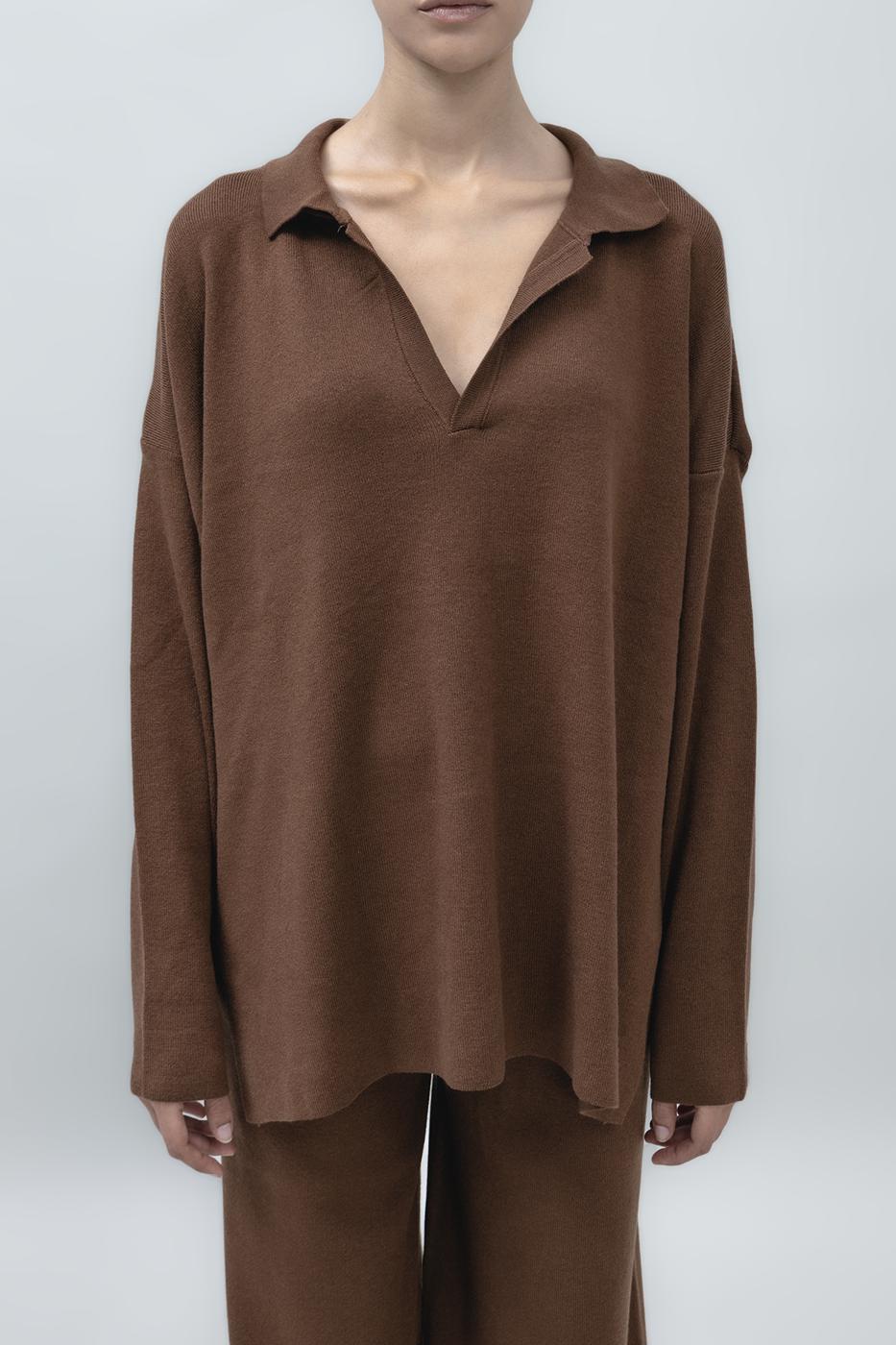 Shirt Collar Oversize Knit Pullover Brown