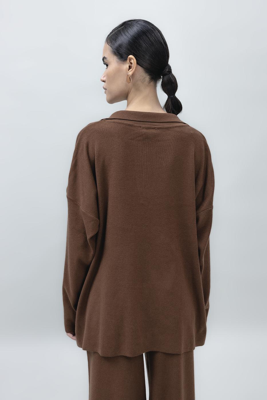 Shirt Collar Oversize Knit Pullover Brown