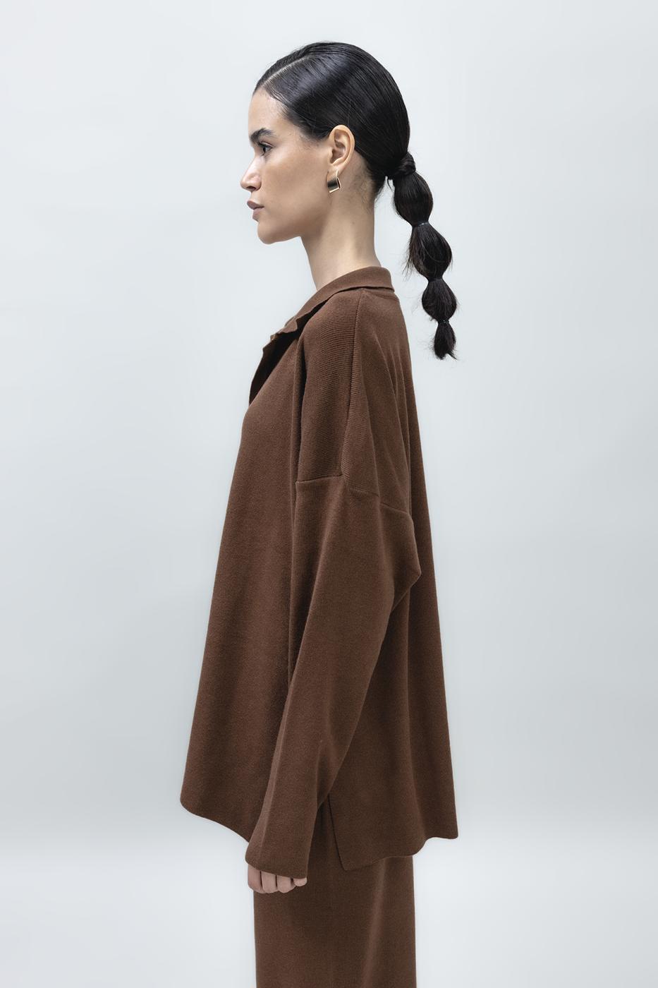 Shirt Collar Oversize Knit Pullover Brown