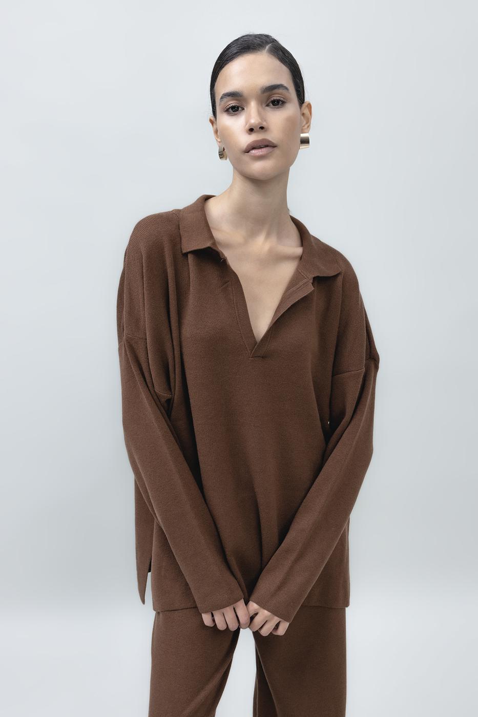Shirt Collar Oversize Knit Pullover Brown