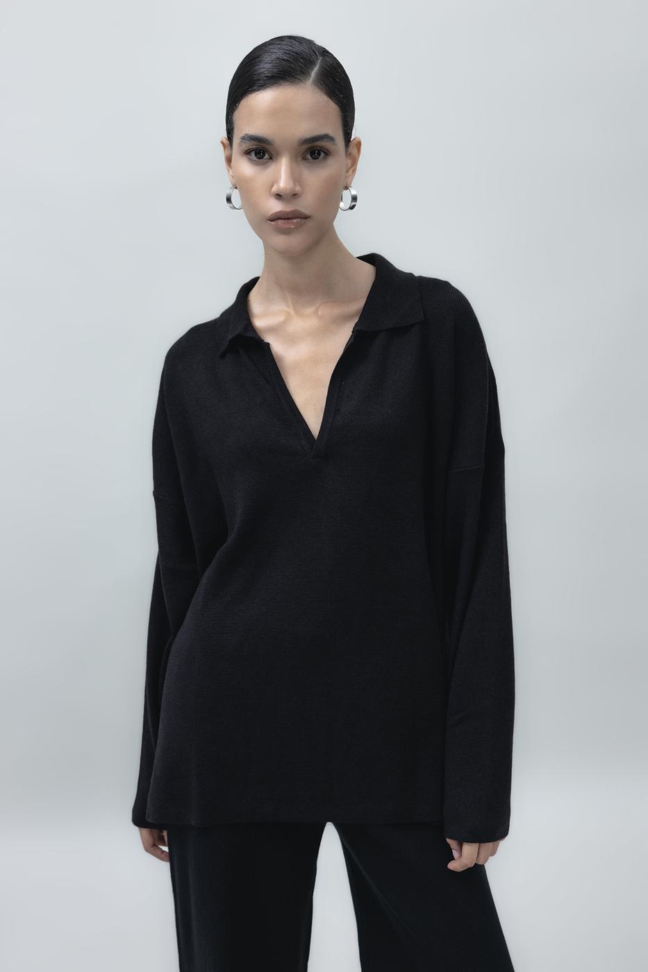 Shirt Collar Oversize Knit Pullover Black