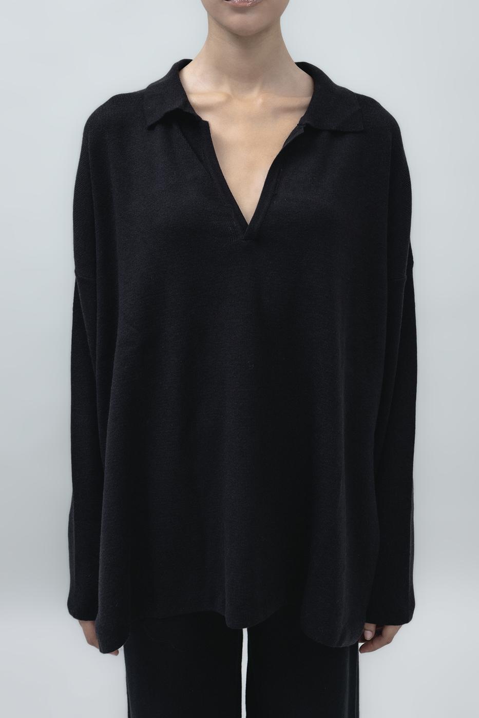 Shirt Collar Oversize Knit Pullover Black