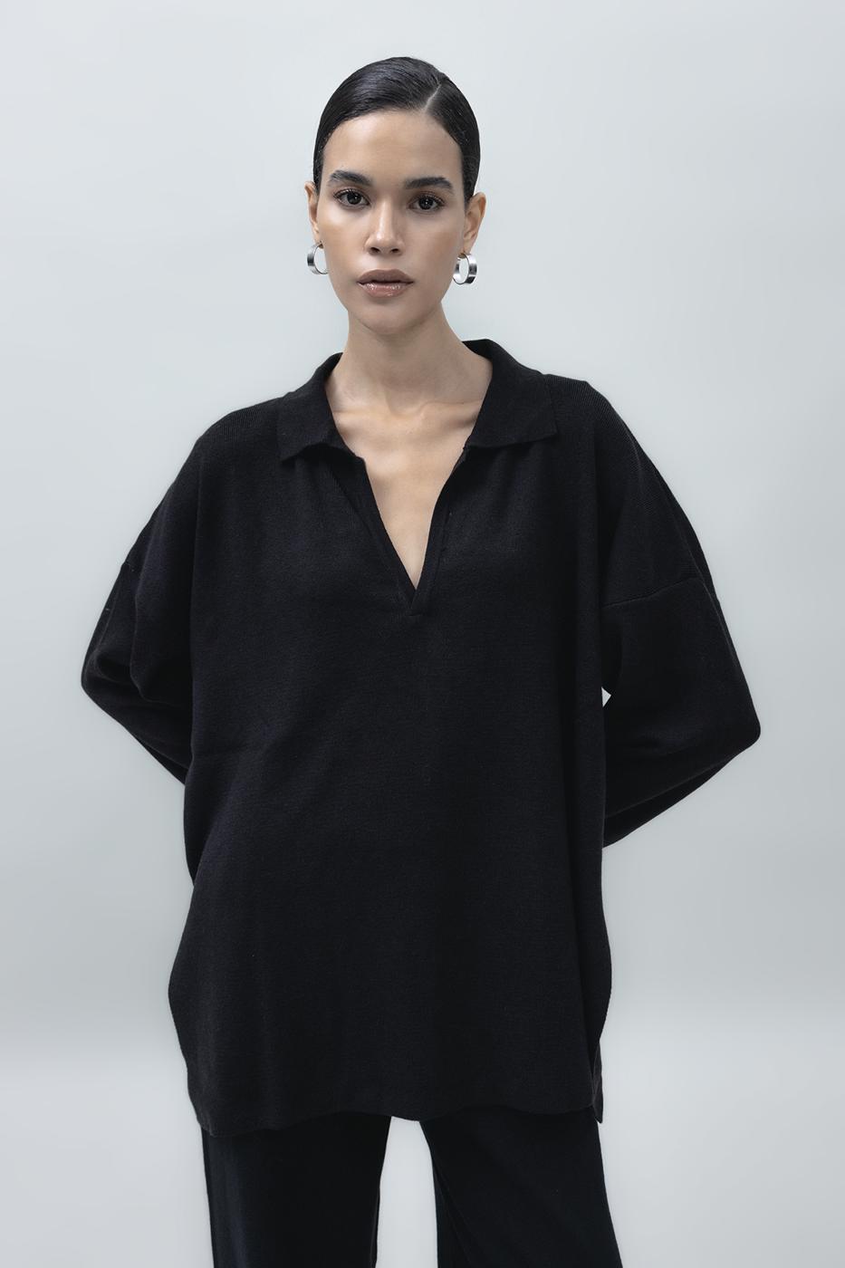 Shirt Collar Oversize Knit Pullover Black